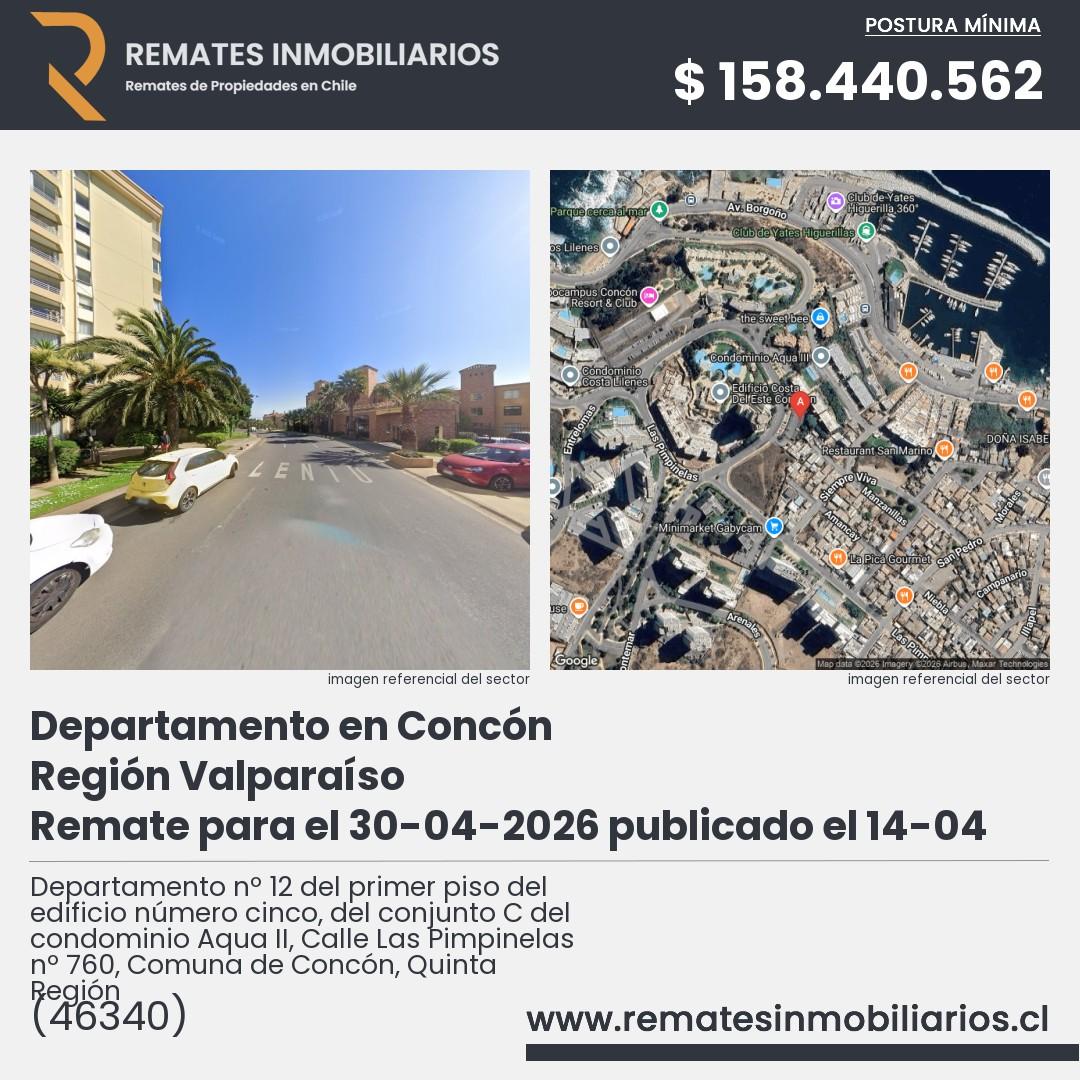 Imagen ficha Departamento nº 12 del primer piso del edificio número cinco, del conjunto C del condominio Aqua II, Calle Las Pimpinelas nº 760, Comuna de Concón, Quinta Región