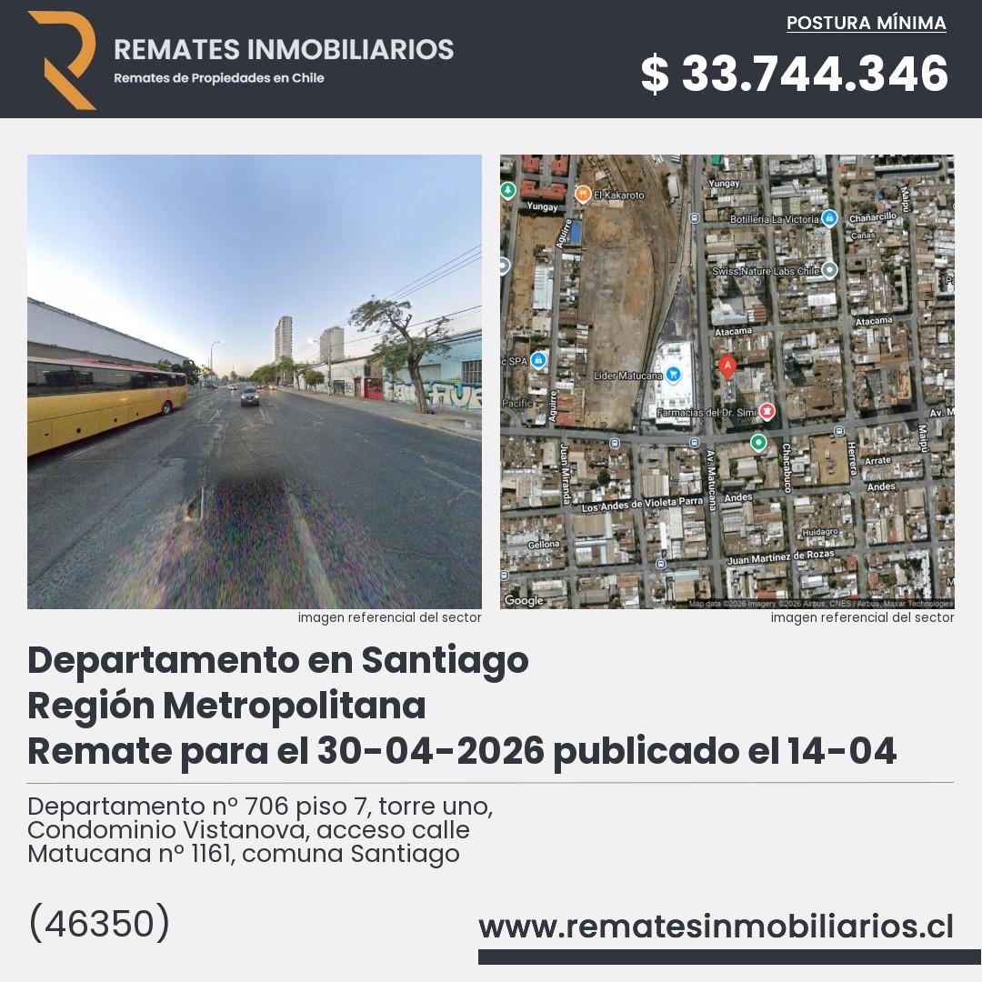 Imagen ficha Departamento nº 706 piso 7, torre uno, Condominio Vistanova, acceso calle Matucana nº 1161, comuna Santiago