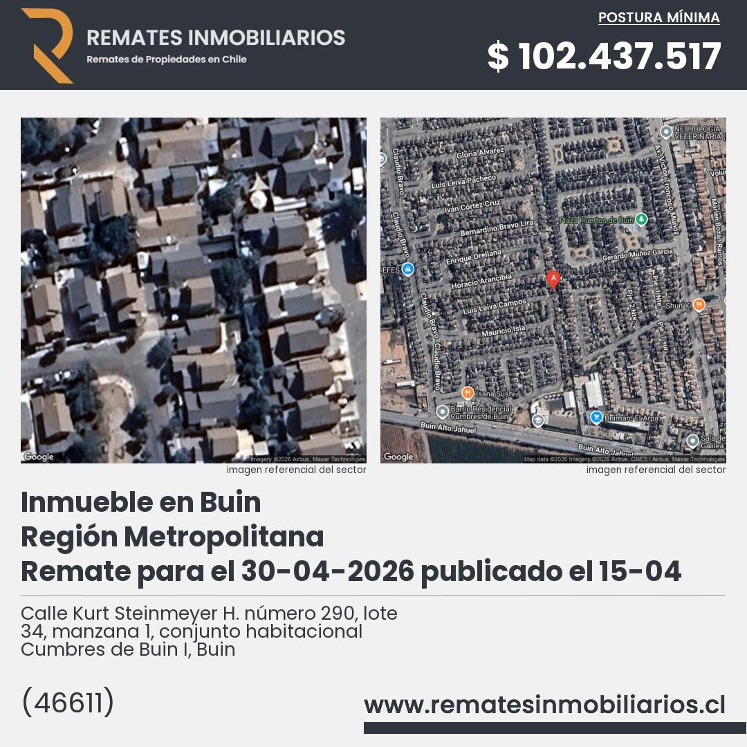 Imagen ficha Calle Kurt Steinmeyer H. número 290, lote 34, manzana 1, conjunto habitacional Cumbres de Buin I, Buin