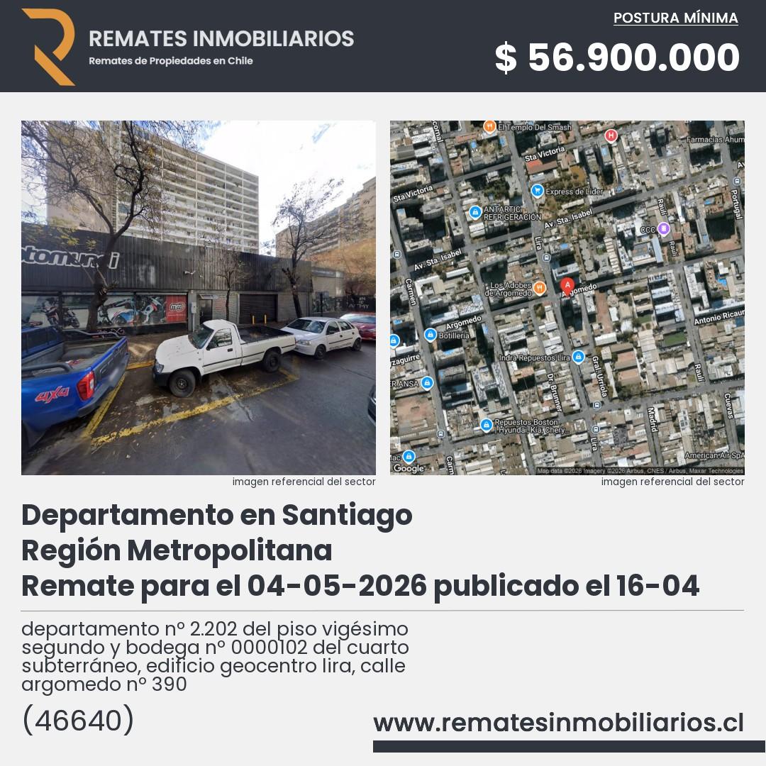 Imagen ficha departamento nº 2.202 del piso vigésimo segundo y bodega nº 0000102 del cuarto subterráneo, edificio geocentro lira, calle argomedo nº 390