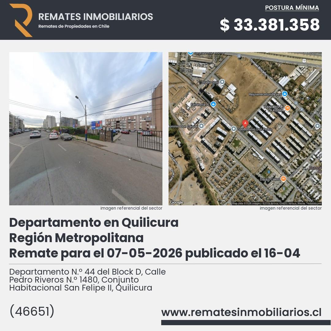 Imagen ficha Departamento N.º 44 del Block D, Calle Pedro Riveros N.º 1480, Conjunto Habitacional San Felipe II, Quilicura