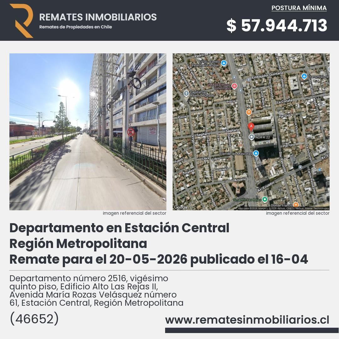 Imagen ficha Departamento número 2516, vigésimo quinto piso, Edificio Alto Las Rejas II, Avenida María Rozas Velásquez número 61, Estación Central, Región Metropolitana