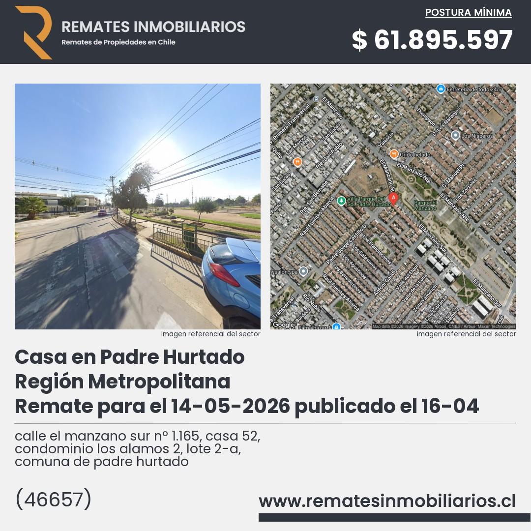 Imagen ficha calle el manzano sur nº 1.165, casa 52, condominio los alamos 2, lote 2-a, comuna de padre hurtado