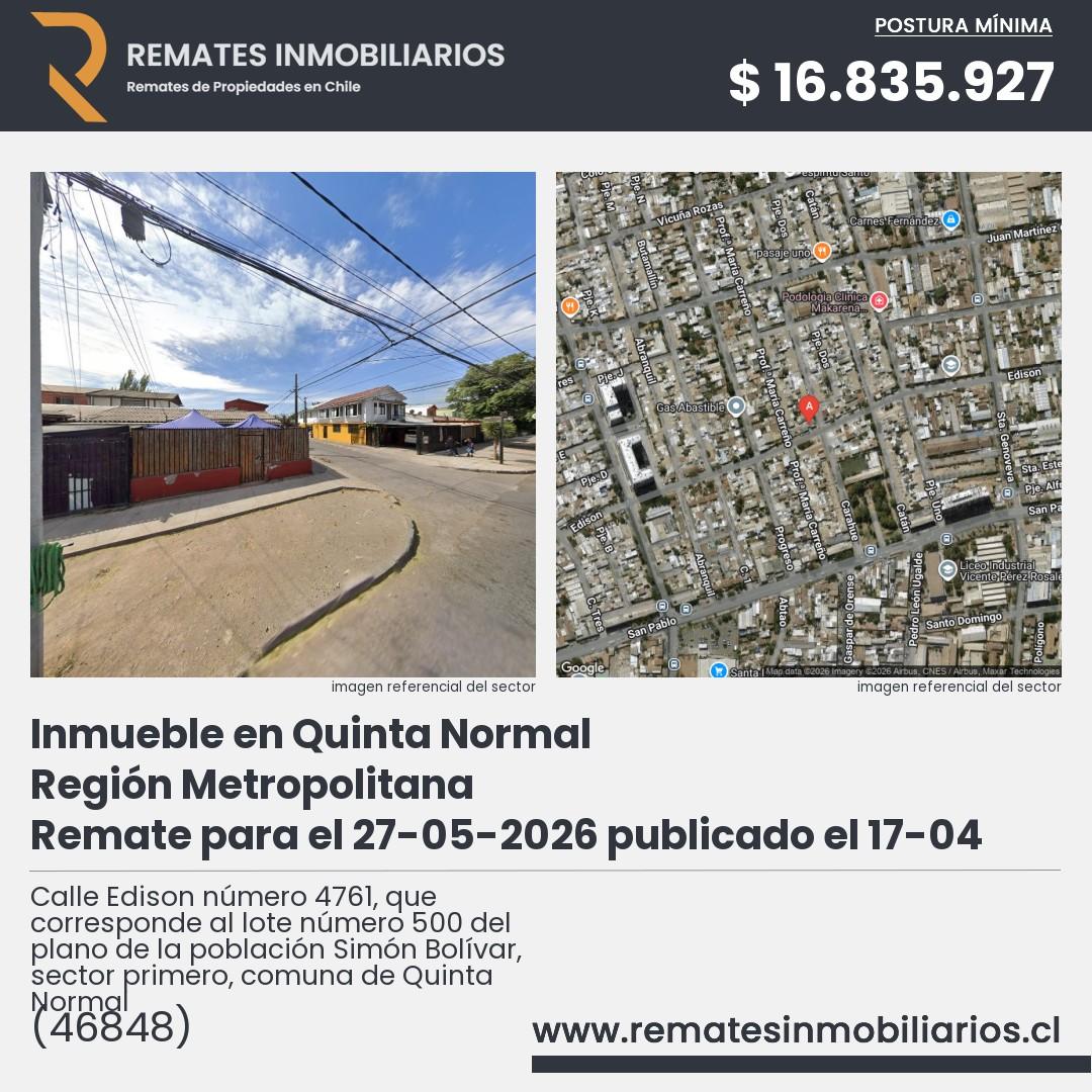 Imagen ficha Calle Edison número 4761, que corresponde al lote número 500 del plano de la población Simón Bolívar, sector primero, comuna de Quinta Normal