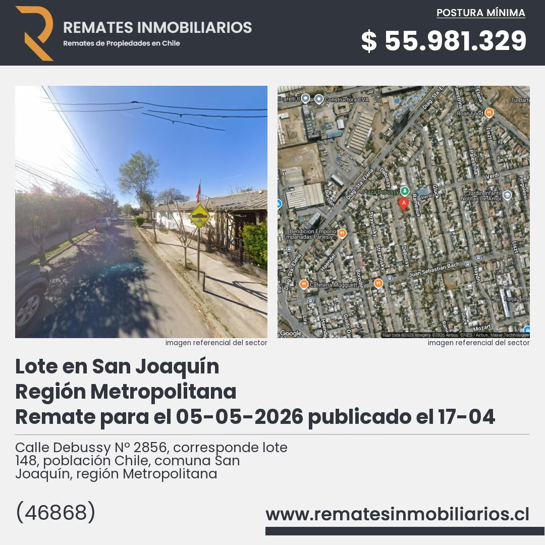 Imagen ficha Calle Debussy Nº 2856, corresponde lote 148, población Chile, comuna San Joaquín, región Metropolitana