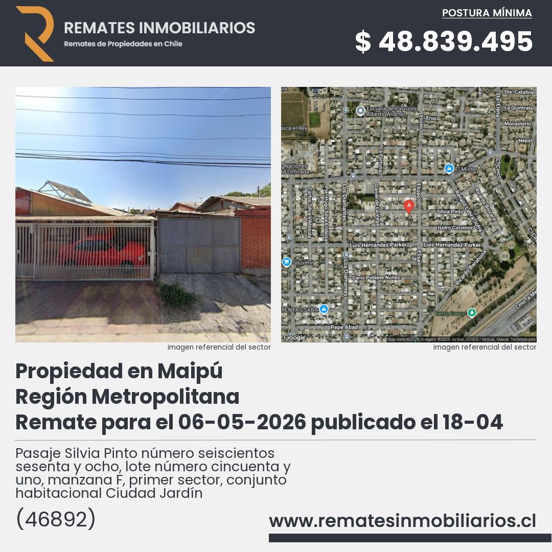 Imagen ficha Pasaje Silvia Pinto número seiscientos sesenta y ocho, lote número cincuenta y uno, manzana F, primer sector, conjunto habitacional Ciudad Jardín