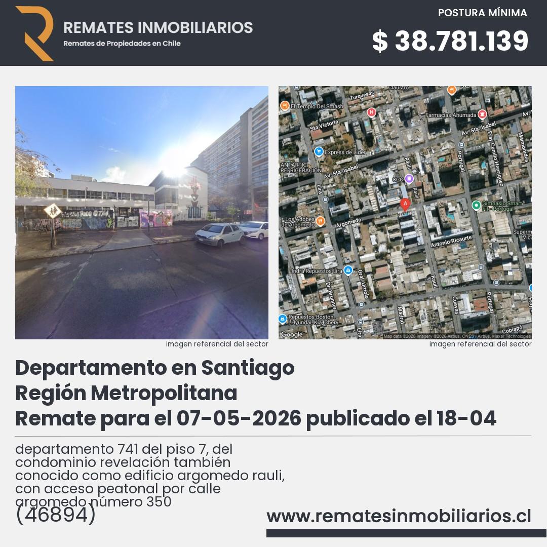 Imagen ficha departamento 741 del piso 7, del condominio revelación también conocido como edificio argomedo rauli, con acceso peatonal por calle argomedo número 350