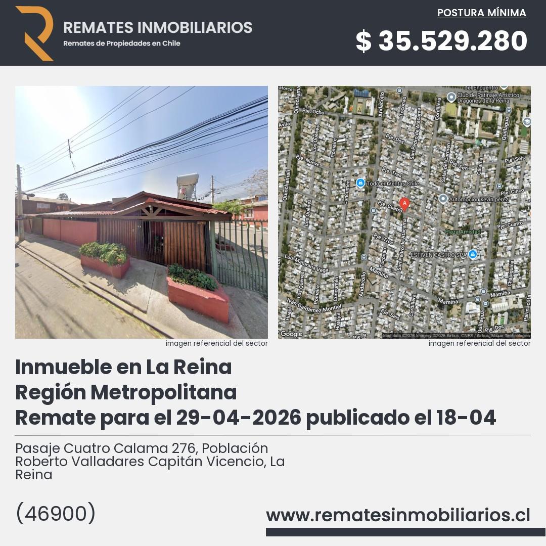 Imagen ficha Pasaje Cuatro Calama 276, Población Roberto Valladares Capitán Vicencio, La Reina