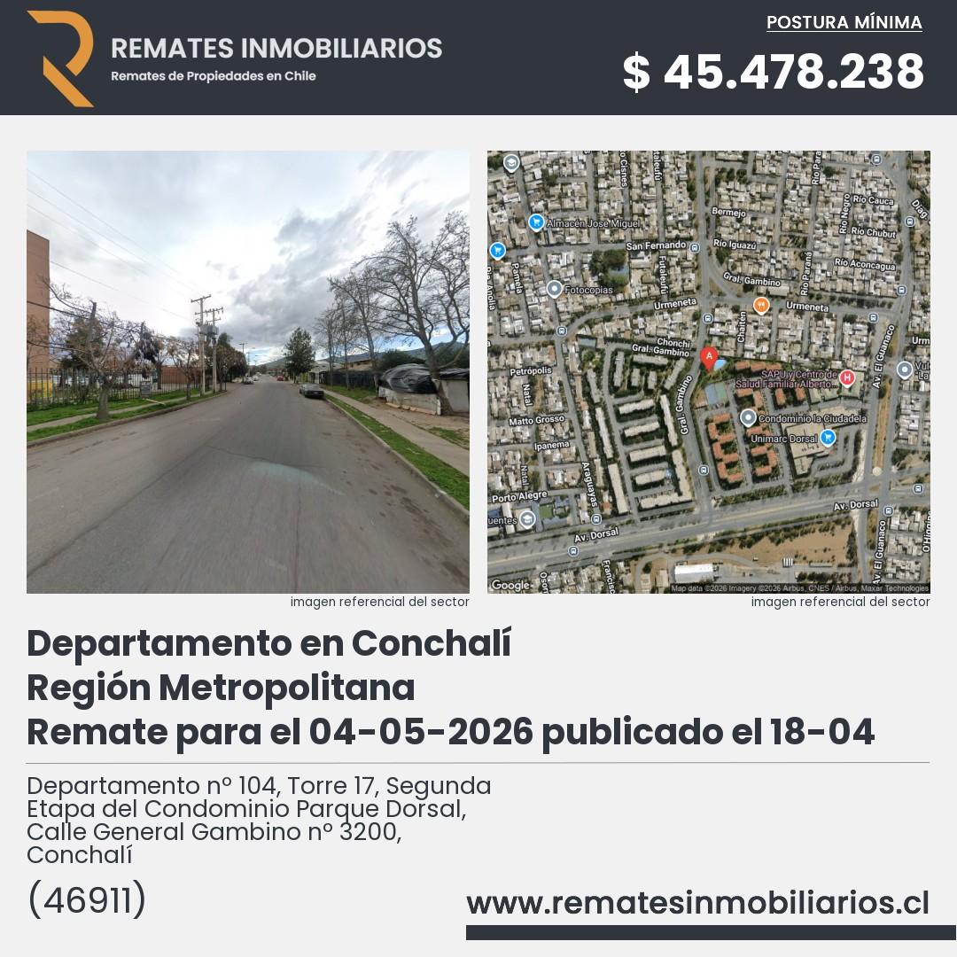 Imagen ficha Departamento nº 104, Torre 17, Segunda Etapa del Condominio Parque Dorsal, Calle General Gambino nº 3200, Conchalí