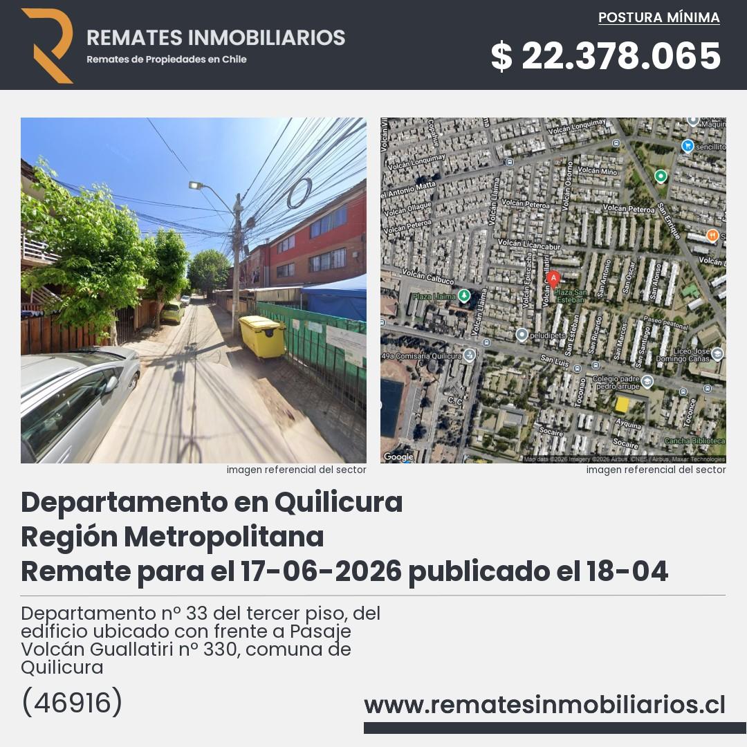 Imagen ficha Departamento nº 33 del tercer piso, del edificio ubicado con frente a Pasaje Volcán Guallatiri nº 330, comuna de Quilicura
