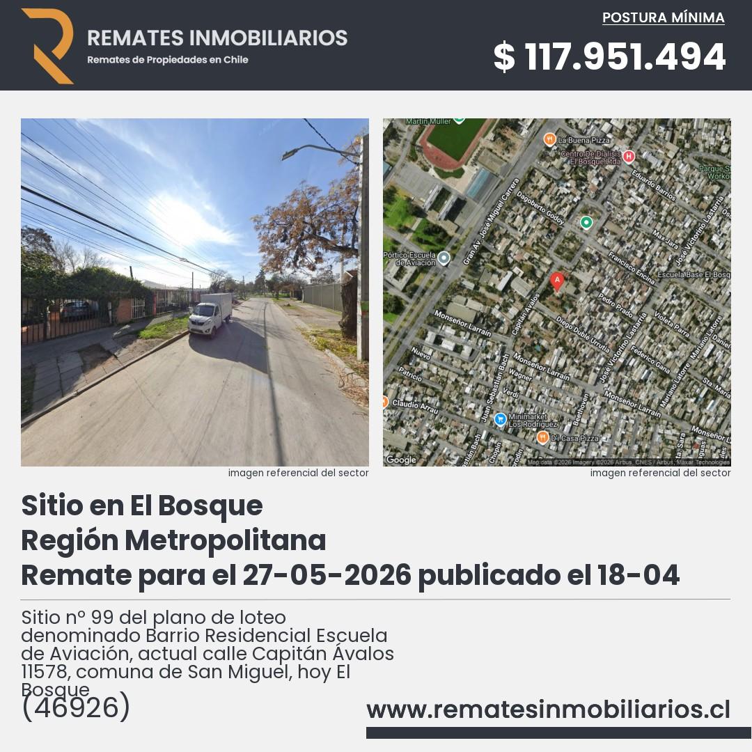 Imagen ficha Sitio nº 99 del plano de loteo denominado Barrio Residencial Escuela de Aviación, actual calle Capitán Ávalos 11578, comuna de San Miguel, hoy El Bosque