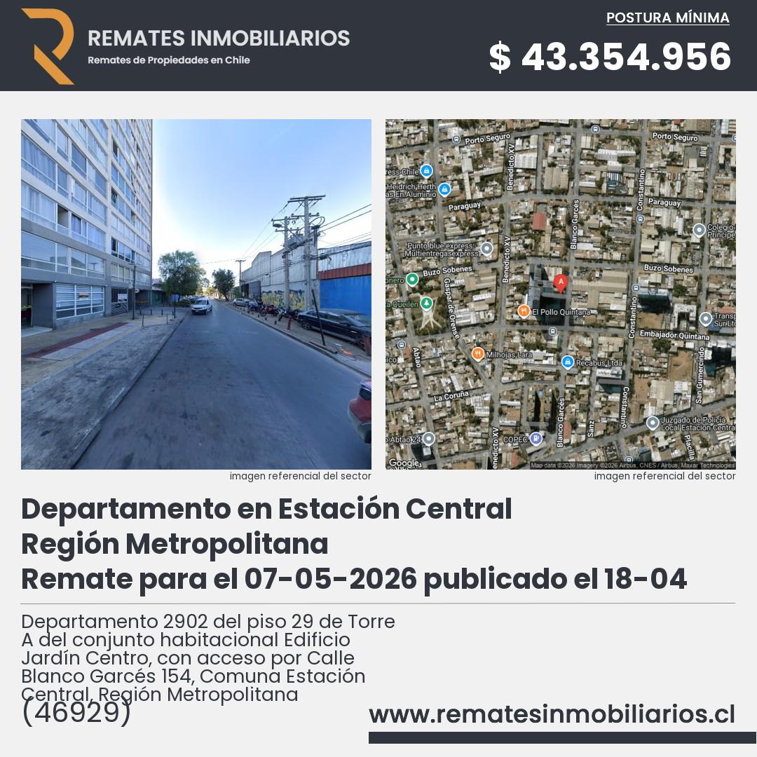 Imagen ficha Departamento 2902 del piso 29 de Torre A del conjunto habitacional Edificio Jardín Centro, con acceso por Calle Blanco Garcés 154, Comuna Estación Central, Región Metropolitana