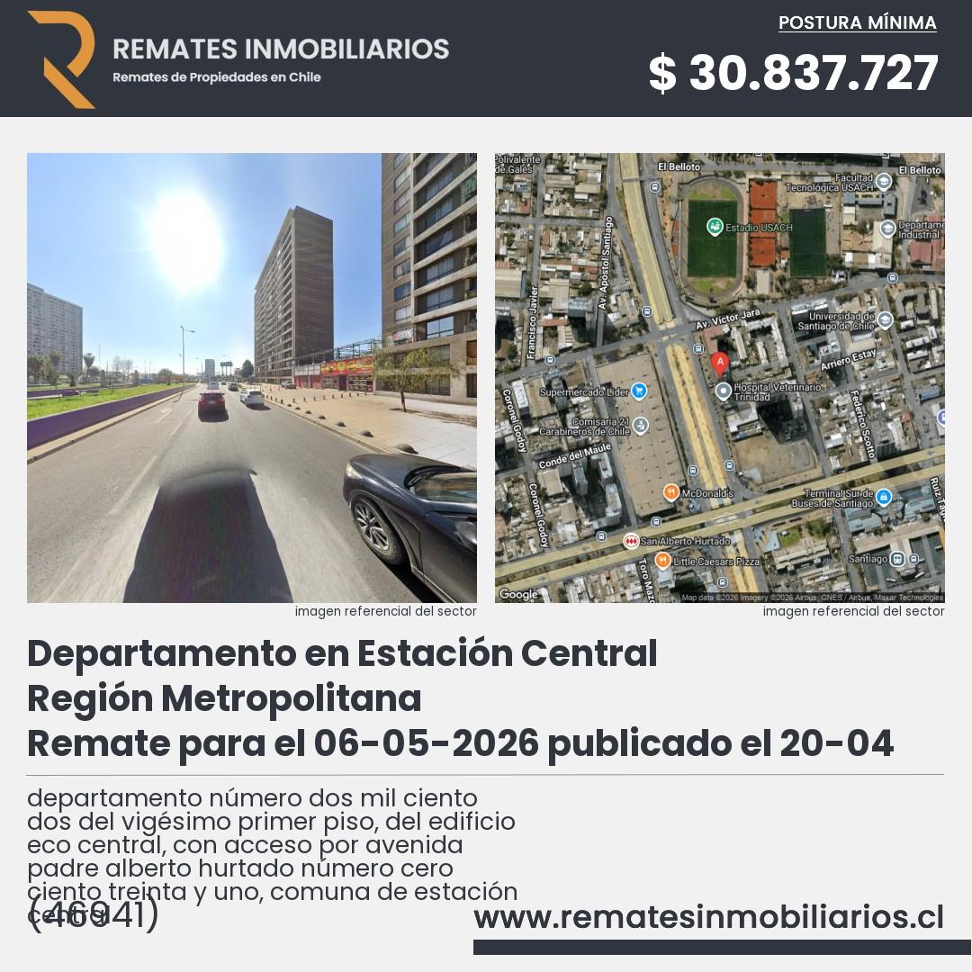 Imagen ficha departamento número dos mil ciento dos del vigésimo primer piso, del edificio eco central, con acceso por avenida padre alberto hurtado número cero ciento treinta y uno, comuna de estación central