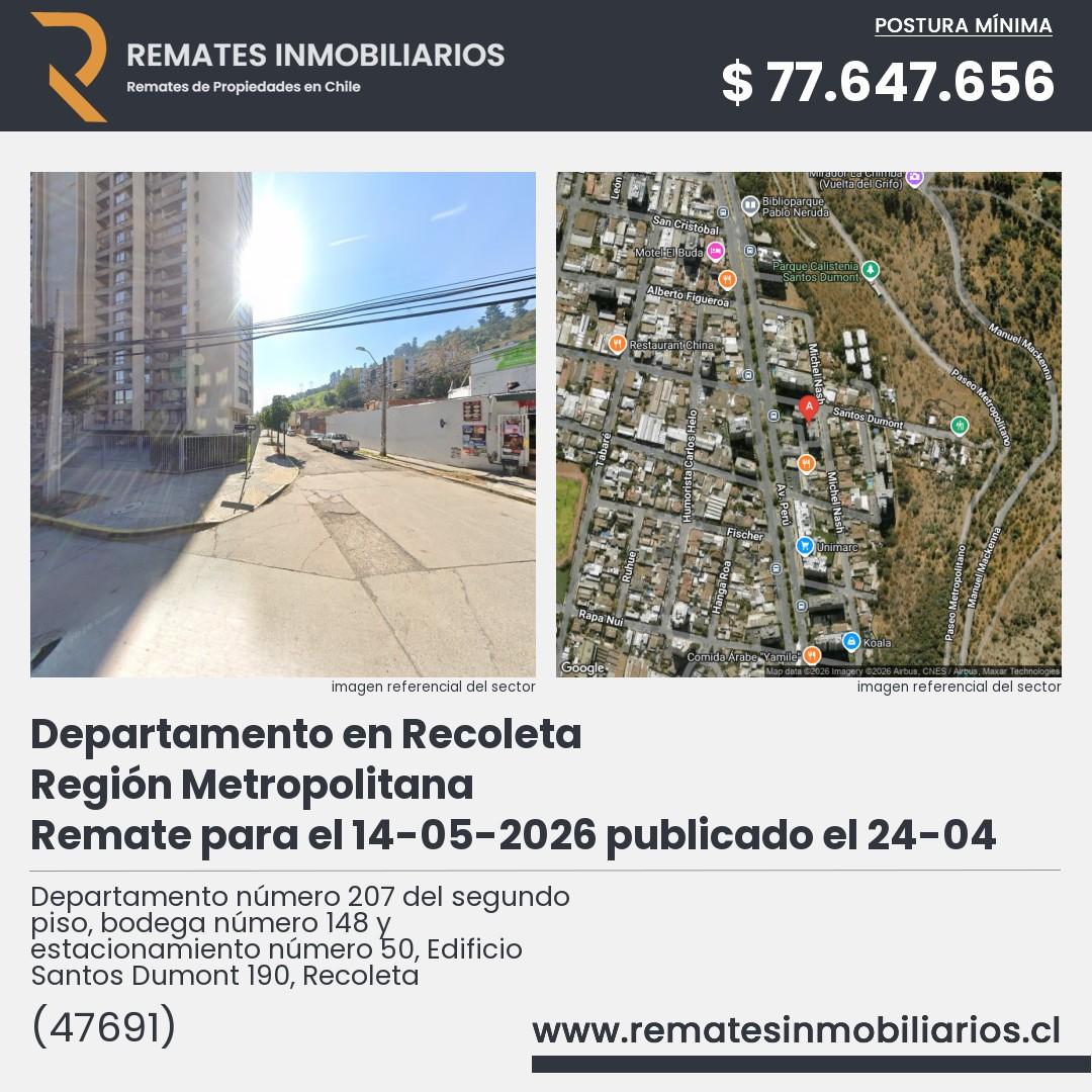 Imagen ficha Departamento número 207 del segundo piso, bodega número 148 y estacionamiento número 50, Edificio Santos Dumont 190, Recoleta