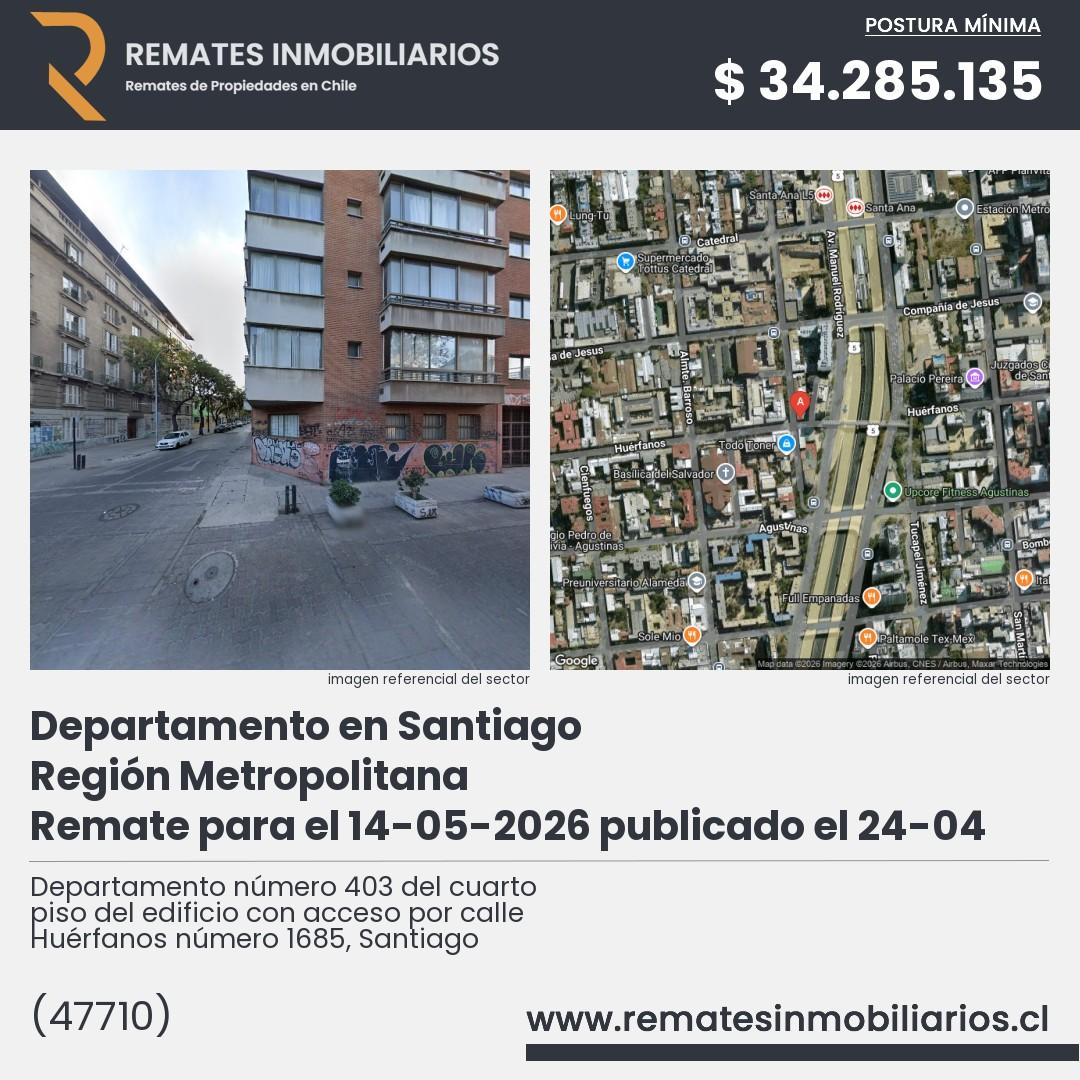 Imagen ficha Departamento número 403 del cuarto piso del edificio con acceso por calle Huérfanos número 1685, Santiago