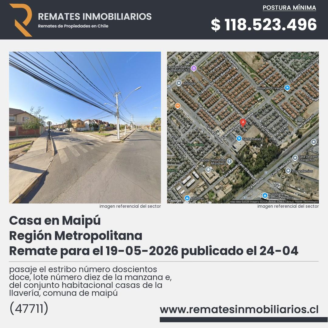 Imagen ficha pasaje el estribo número doscientos doce, lote número diez de la manzana e, del conjunto habitacional casas de la llavería, comuna de maipú