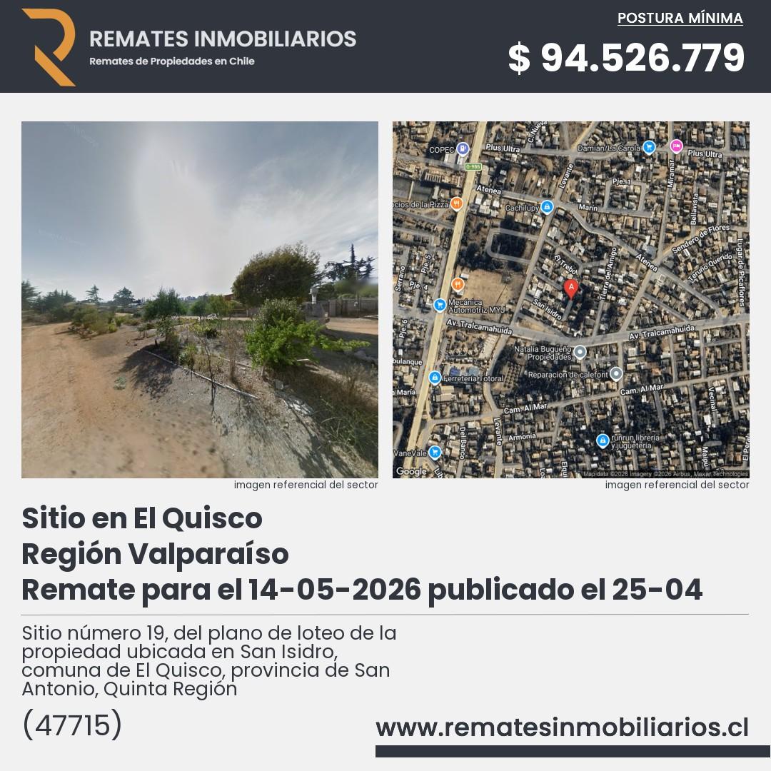 Imagen ficha Sitio número 19, del plano de loteo de la propiedad ubicada en San Isidro, comuna de El Quisco, provincia de San Antonio, Quinta Región