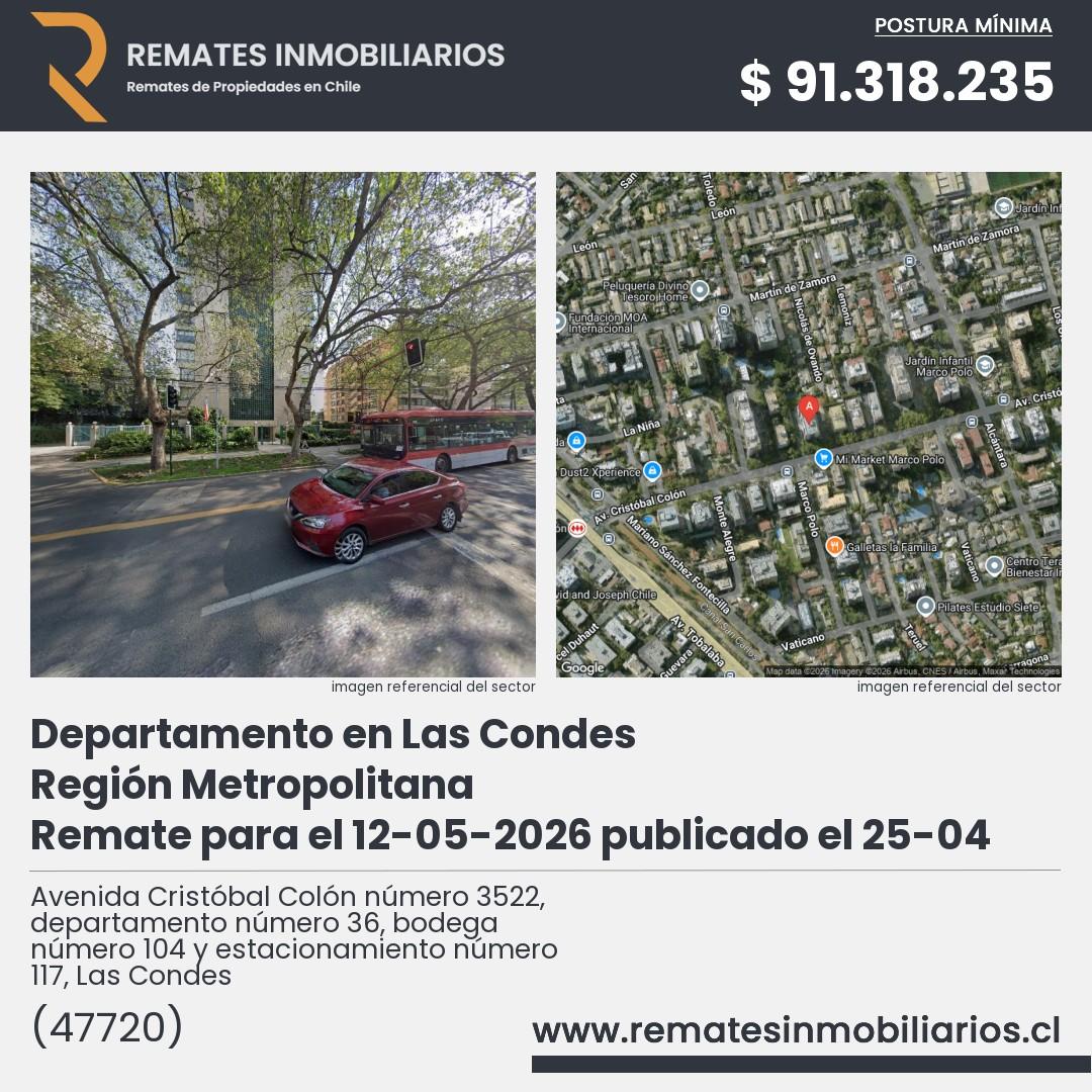 Imagen ficha Avenida Cristóbal Colón número 3522, departamento número 36, bodega número 104 y estacionamiento número 117, Las Condes