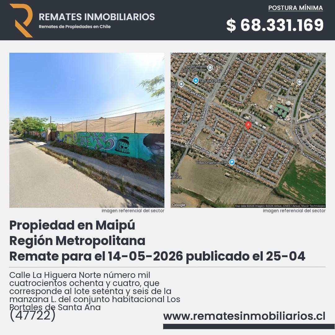 Imagen ficha Calle La Higuera Norte número mil cuatrocientos ochenta y cuatro, que corresponde al lote setenta y seis de la manzana L. del conjunto habitacional Los Portales de Santa Ana