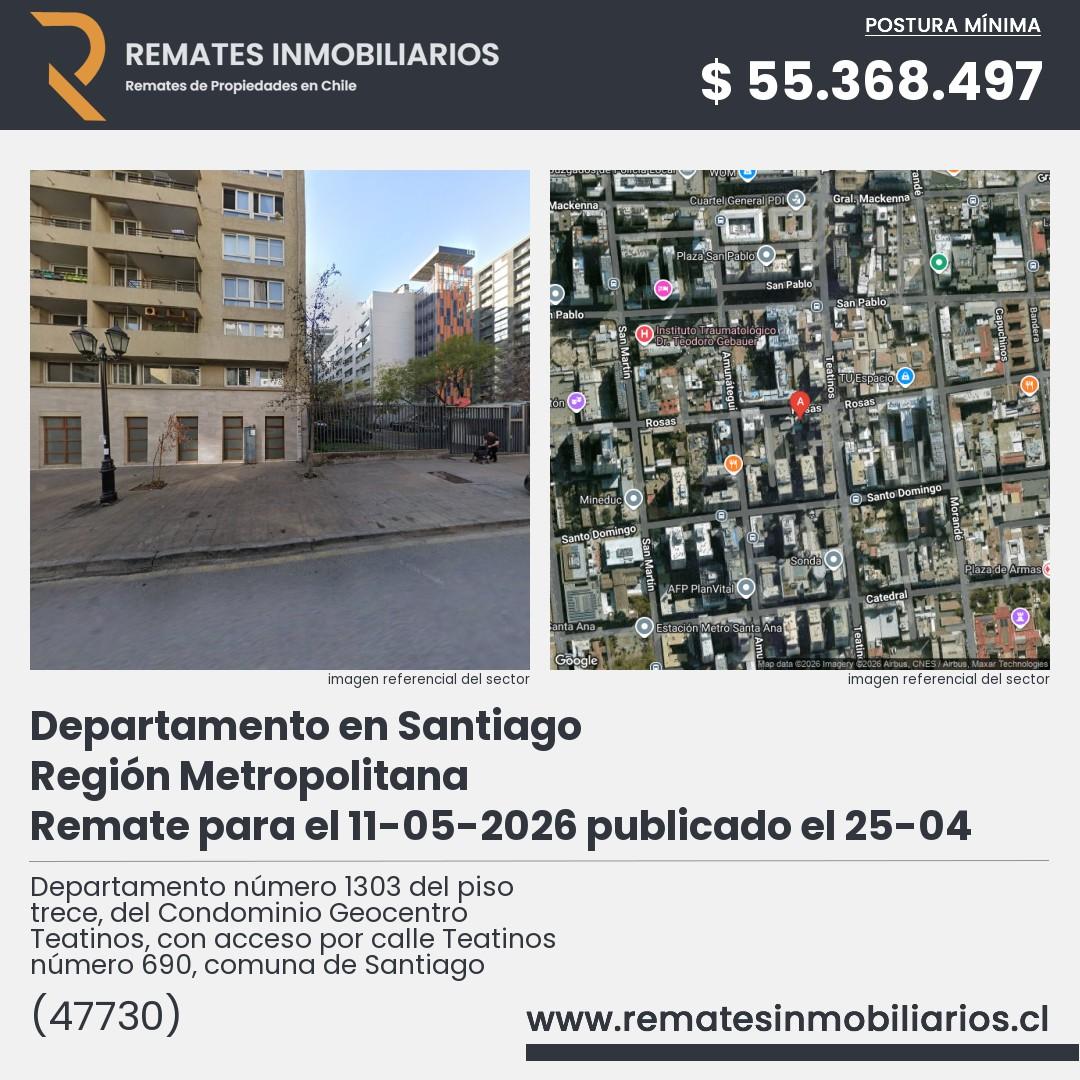 Imagen ficha Departamento número 1303 del piso trece, del Condominio Geocentro Teatinos, con acceso por calle Teatinos número 690, comuna de Santiago