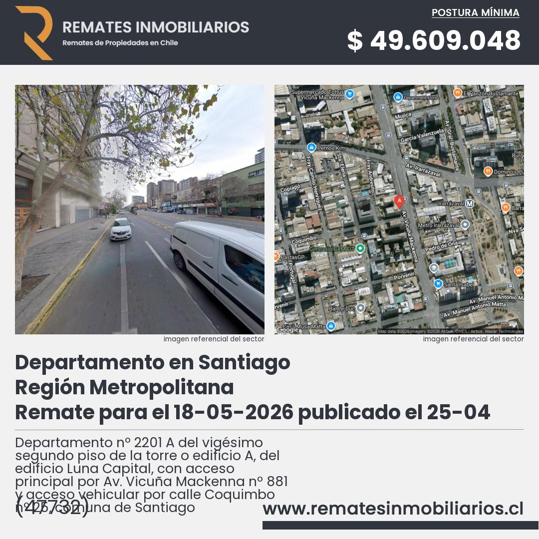 Imagen ficha Departamento nº 2201 A del vigésimo segundo piso de la torre o edificio A, del edificio Luna Capital, con acceso principal por Av. Vicuña Mackenna nº 881 y acceso vehicular por calle Coquimbo nº 25, comuna de Santiago