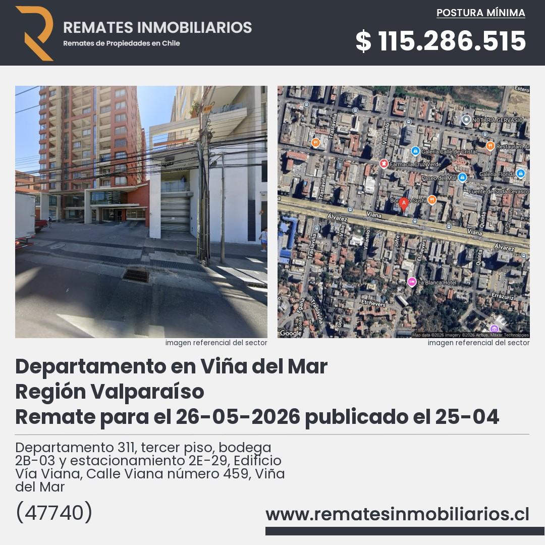 Imagen ficha Departamento 311, tercer piso, bodega 2B-03 y estacionamiento 2E-29, Edificio Vía Viana, Calle Viana número 459, Viña del Mar