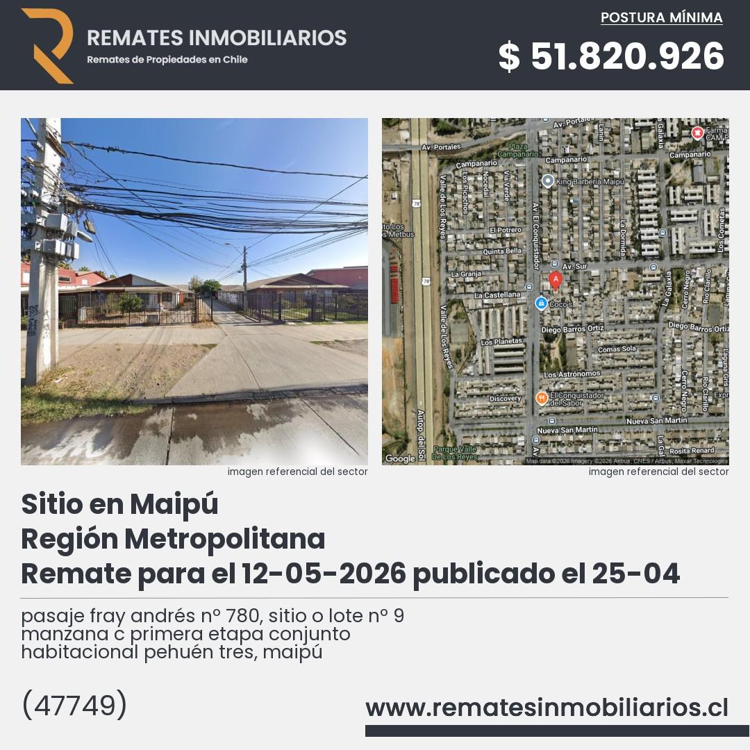 Imagen ficha pasaje fray andrés nº 780, sitio o lote nº 9 manzana c primera etapa conjunto habitacional pehuén tres, maipú