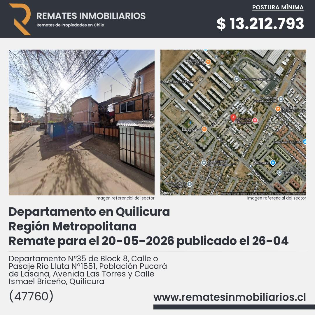 Imagen ficha Departamento N°35 de Block 8, Calle o Pasaje Río Lluta Nº1551, Población Pucará de Lasana, Avenida Las Torres y Calle Ismael Briceño, Quilicura