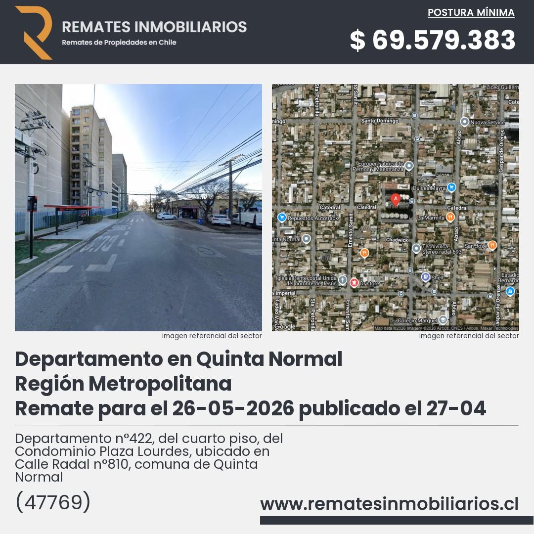 Imagen ficha Departamento n°422, del cuarto piso, del Condominio Plaza Lourdes, ubicado en Calle Radal n°810, comuna de Quinta Normal