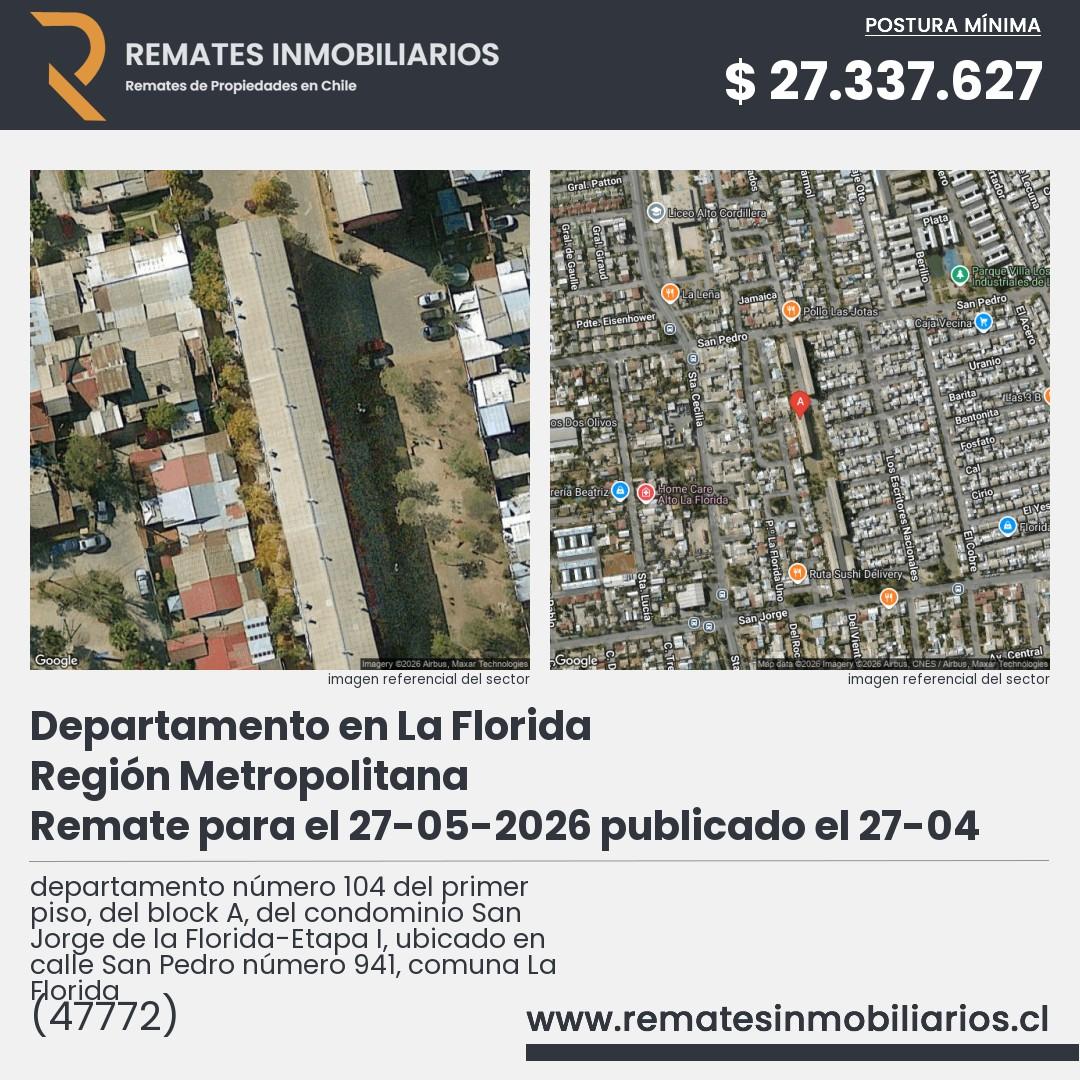 Imagen ficha departamento número 104 del primer piso, del block A, del condominio San Jorge de la Florida-Etapa I, ubicado en calle San Pedro número 941, comuna La Florida