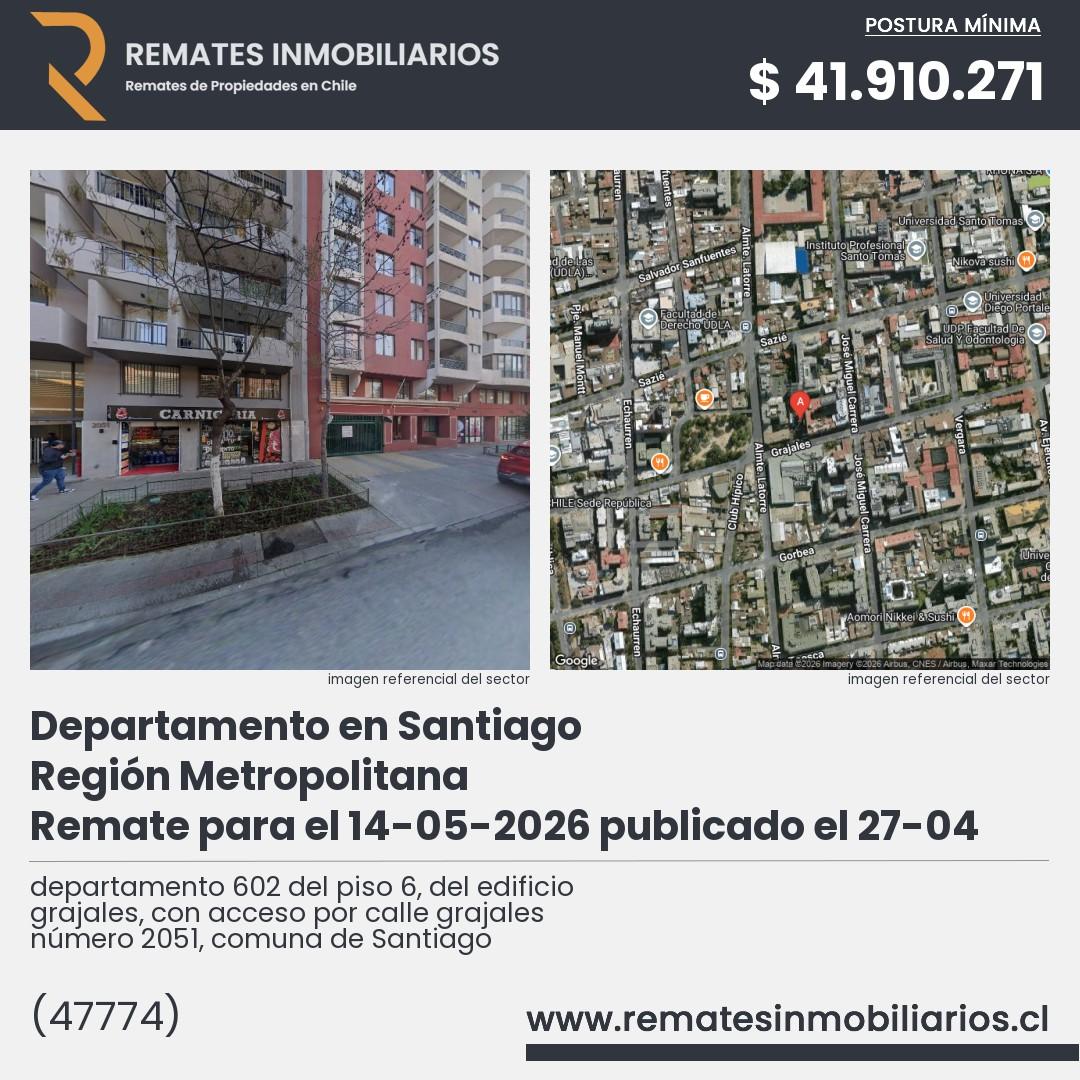 Imagen ficha departamento 602 del piso 6, del edificio grajales, con acceso por calle grajales número 2051, comuna de Santiago
