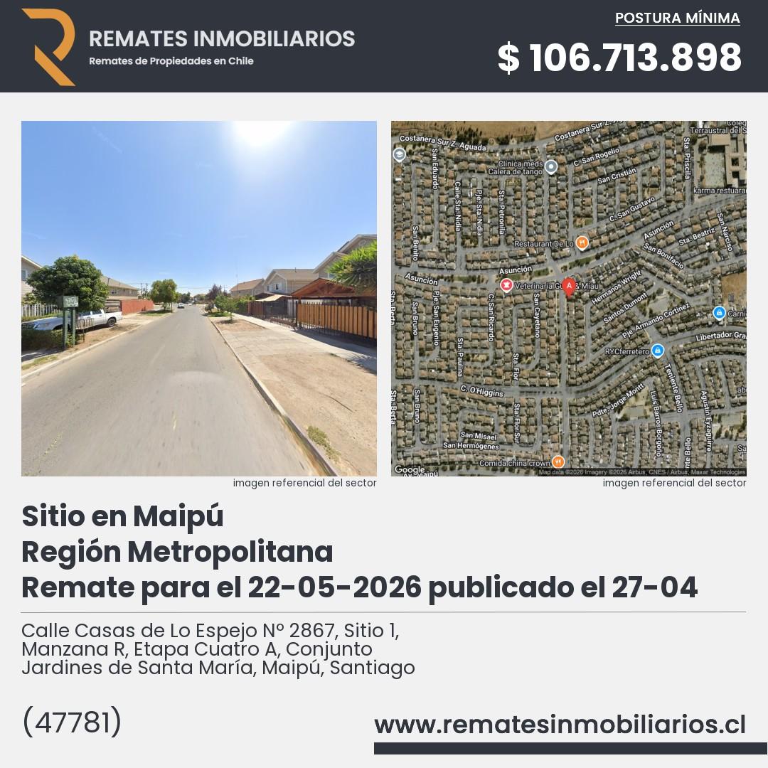 Imagen ficha Calle Casas de Lo Espejo Nº 2867, Sitio 1, Manzana R, Etapa Cuatro A, Conjunto Jardines de Santa María, Maipú, Santiago