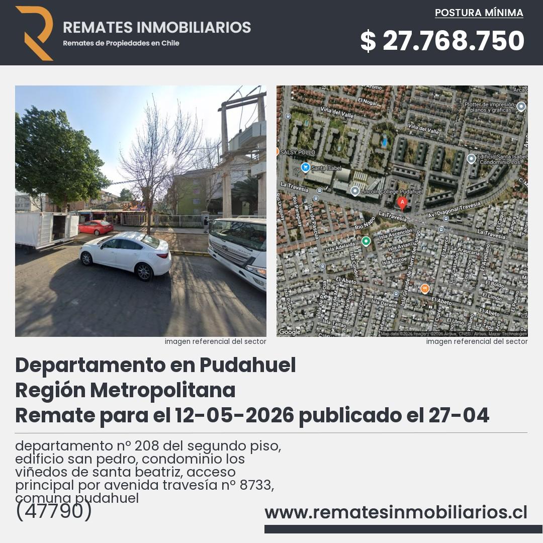 Imagen ficha departamento nº 208 del segundo piso, edificio san pedro, condominio los viñedos de santa beatriz, acceso principal por avenida travesía nº 8733, comuna pudahuel