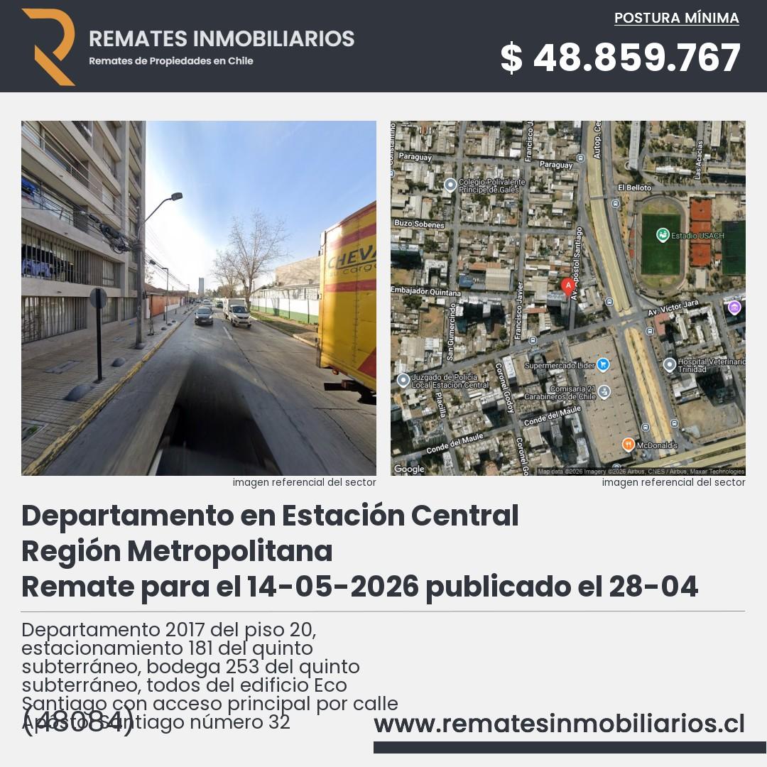 Imagen ficha Departamento 2017 del piso 20, estacionamiento 181 del quinto subterráneo, bodega 253 del quinto subterráneo, todos del edificio Eco Santiago con acceso principal por calle Apóstol Santiago número 32