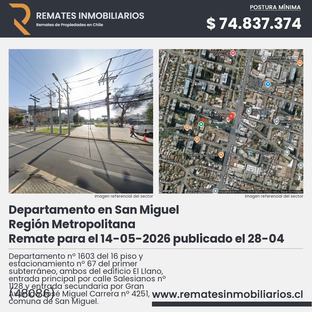 Imagen ficha Departamento nº 1603 del 16 piso y estacionamiento nº 67 del primer subterráneo, ambos del edificio El Llano, entrada principal por calle Salesianos nº 1128 y entrada secundaria por Gran Avenida José Miguel Carrera nº 4251, comuna de San Miguel.