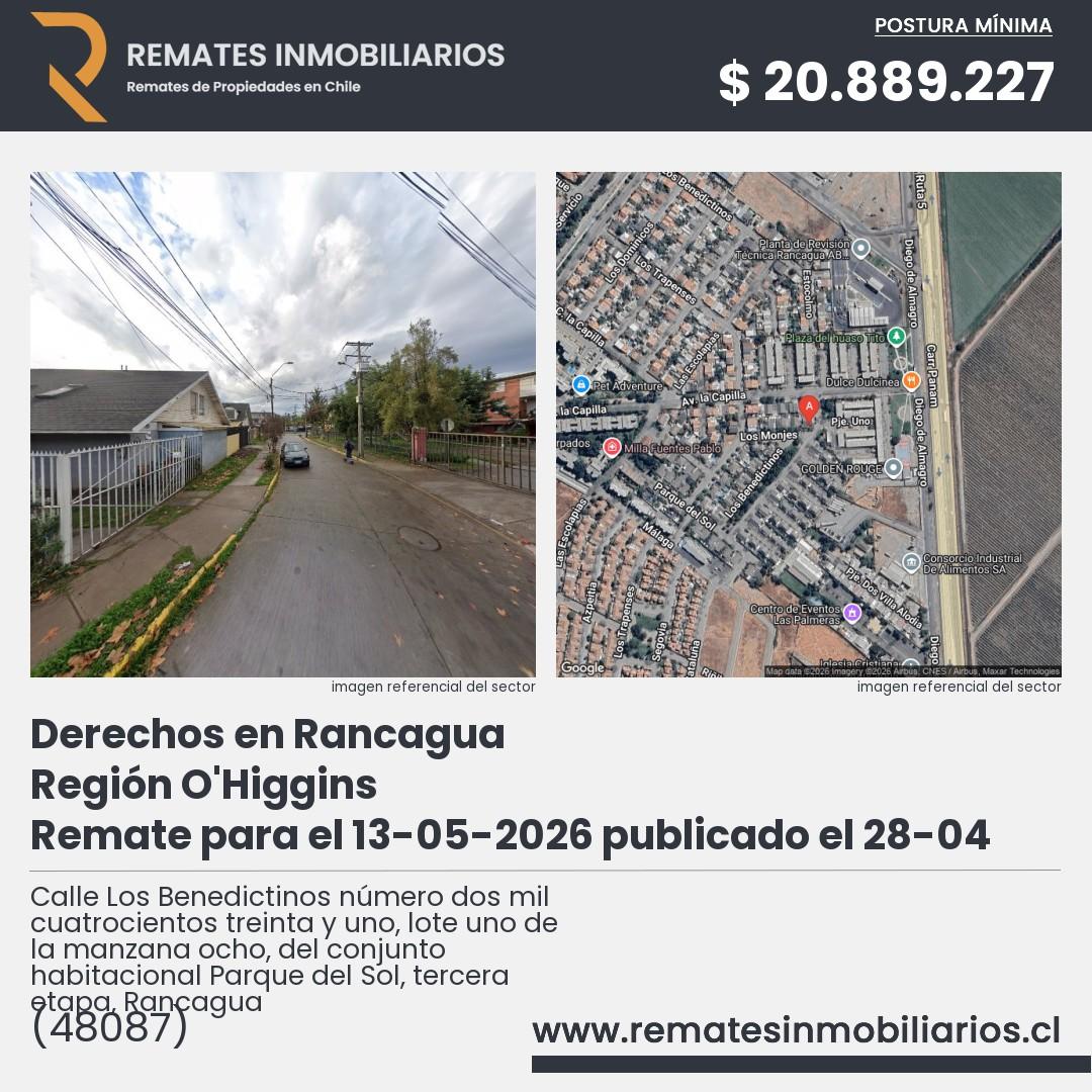Imagen ficha Calle Los Benedictinos número dos mil cuatrocientos treinta y uno, lote uno de la manzana ocho, del conjunto habitacional Parque del Sol, tercera etapa, Rancagua