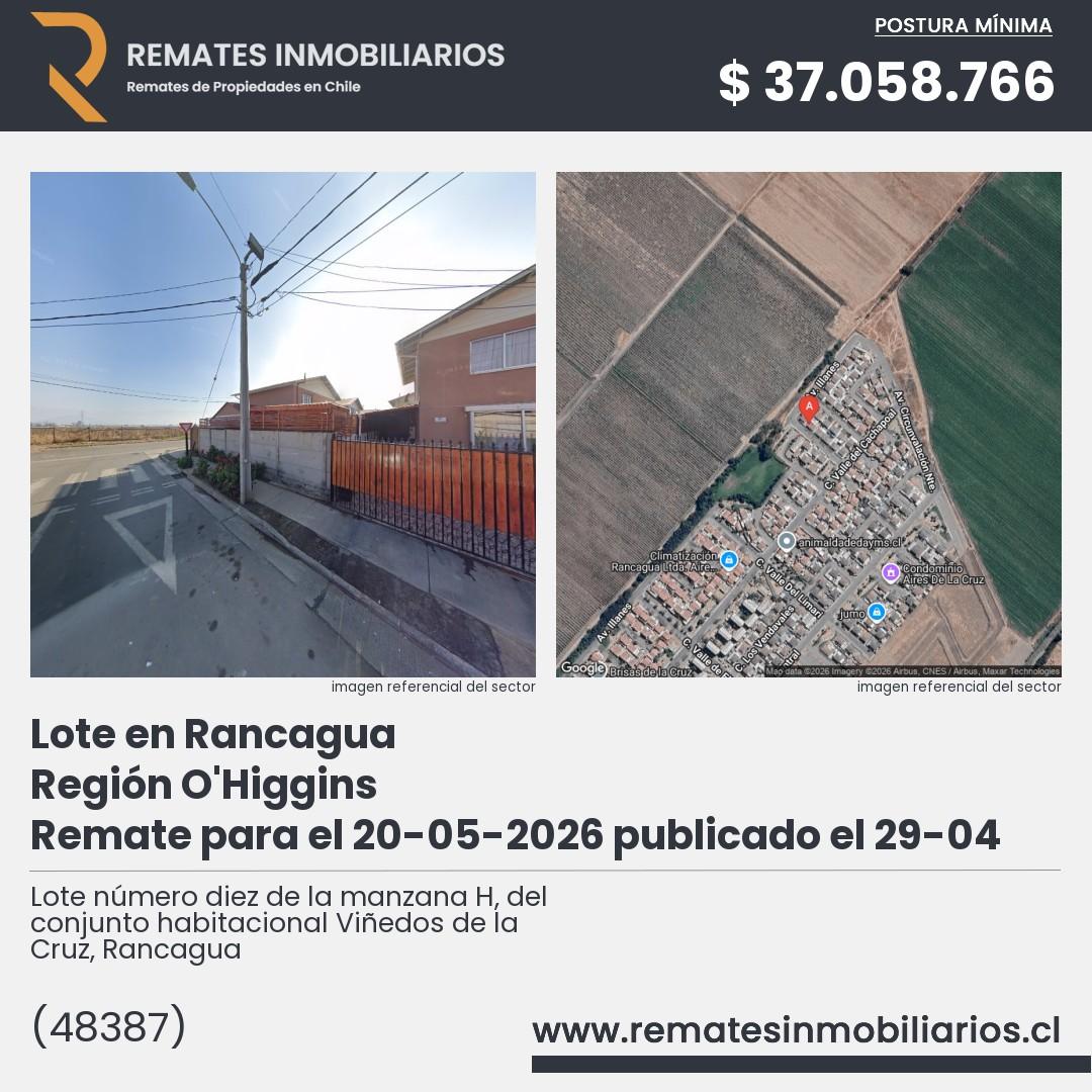 Imagen ficha Lote número diez de la manzana H, del conjunto habitacional Viñedos de la Cruz, Rancagua