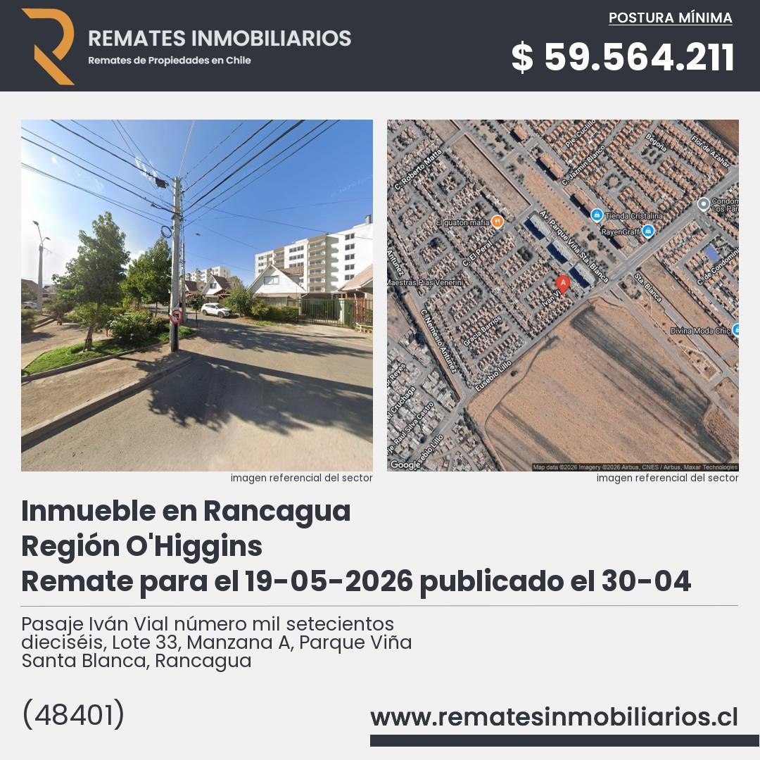 Imagen ficha Pasaje Iván Vial número mil setecientos dieciséis, Lote 33, Manzana A, Parque Viña Santa Blanca, Rancagua
