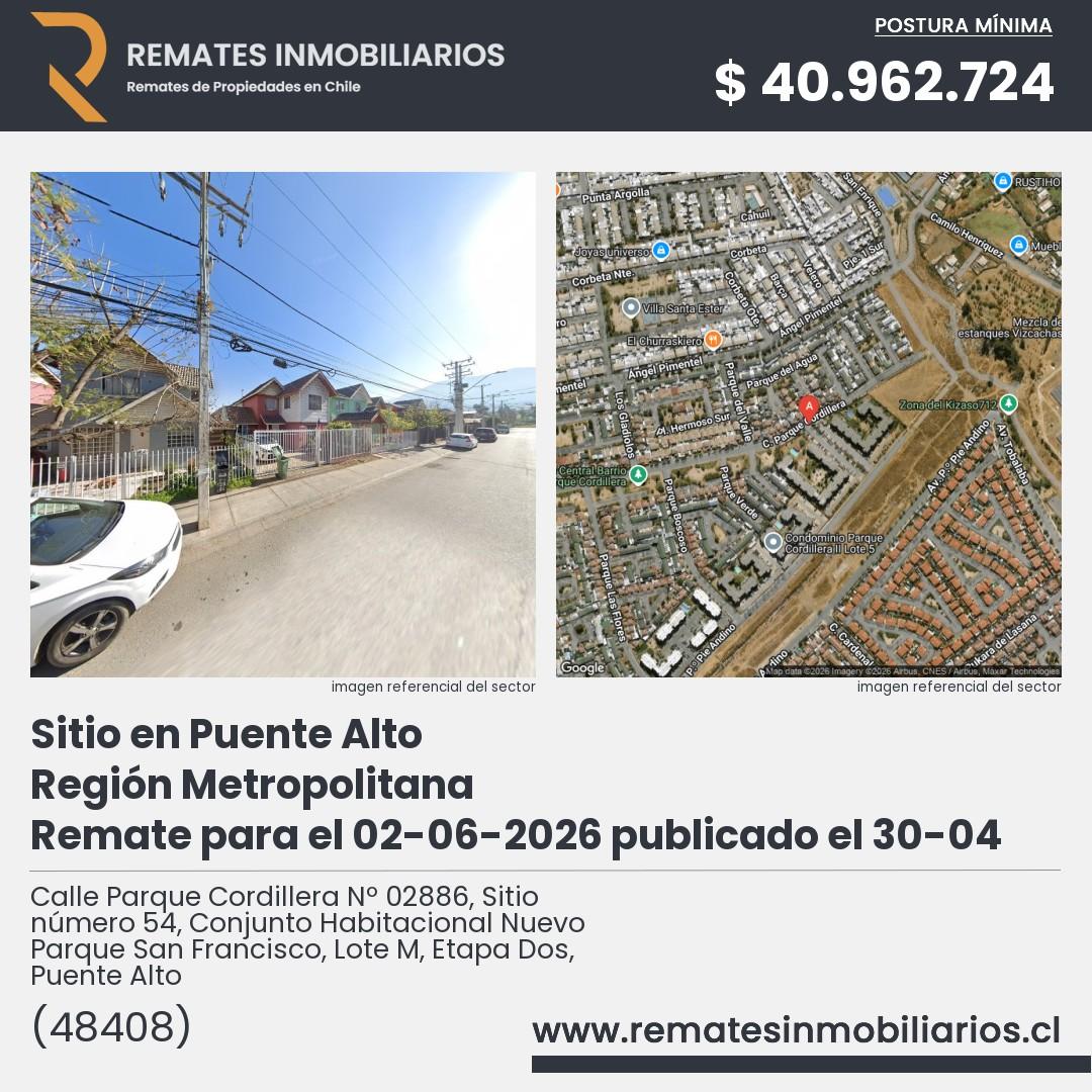 Imagen ficha Calle Parque Cordillera Nº 02886, Sitio número 54, Conjunto Habitacional Nuevo Parque San Francisco, Lote M, Etapa Dos, Puente Alto