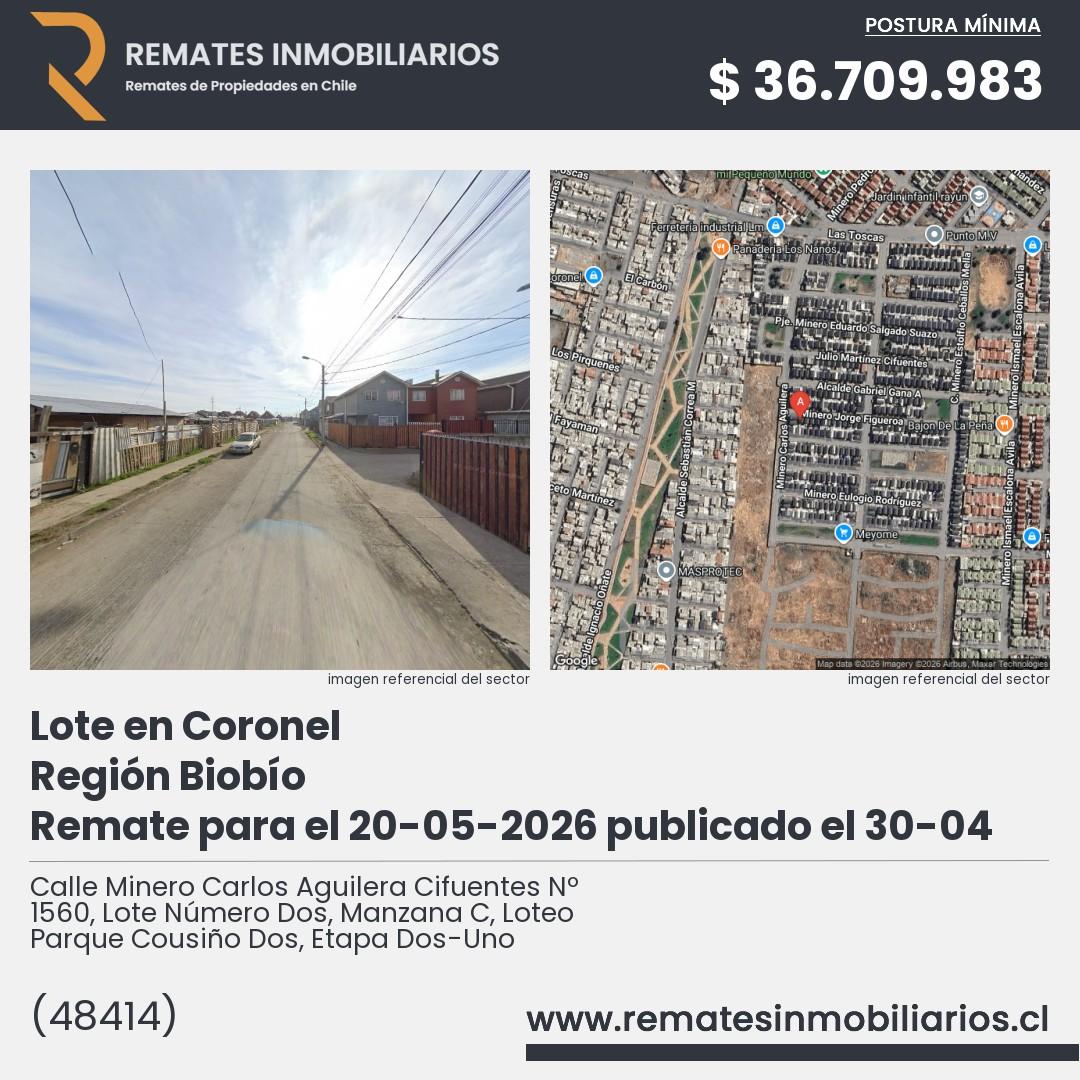 Imagen ficha Calle Minero Carlos Aguilera Cifuentes Nº 1560, Lote Número Dos, Manzana C, Loteo Parque Cousiño Dos, Etapa Dos-Uno