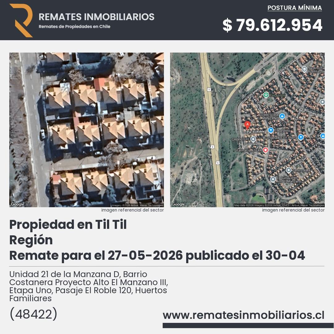 Imagen ficha Unidad 21 de la Manzana D, Barrio Costanera Proyecto Alto El Manzano III, Etapa Uno, Pasaje El Roble 120, Huertos Familiares