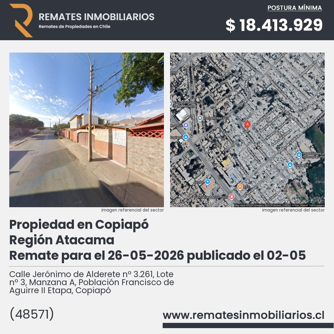 Imagen ficha Calle Jerónimo de Alderete nº 3.261, Lote nº 3, Manzana A, Población Francisco de Aguirre II Etapa, Copiapó