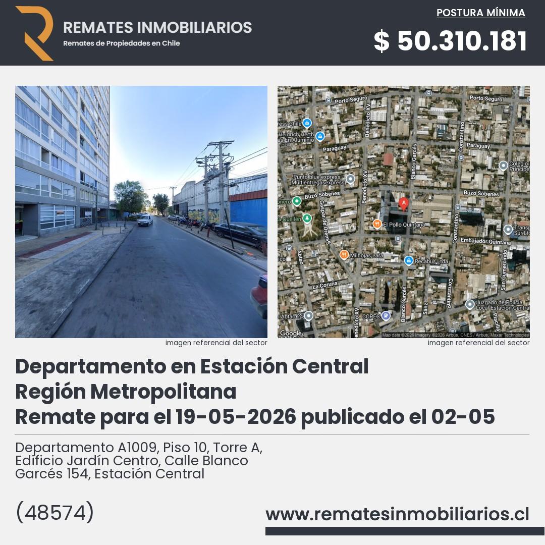 Imagen ficha Departamento A1009, Piso 10, Torre A, Edificio Jardín Centro, Calle Blanco Garcés 154, Estación Central