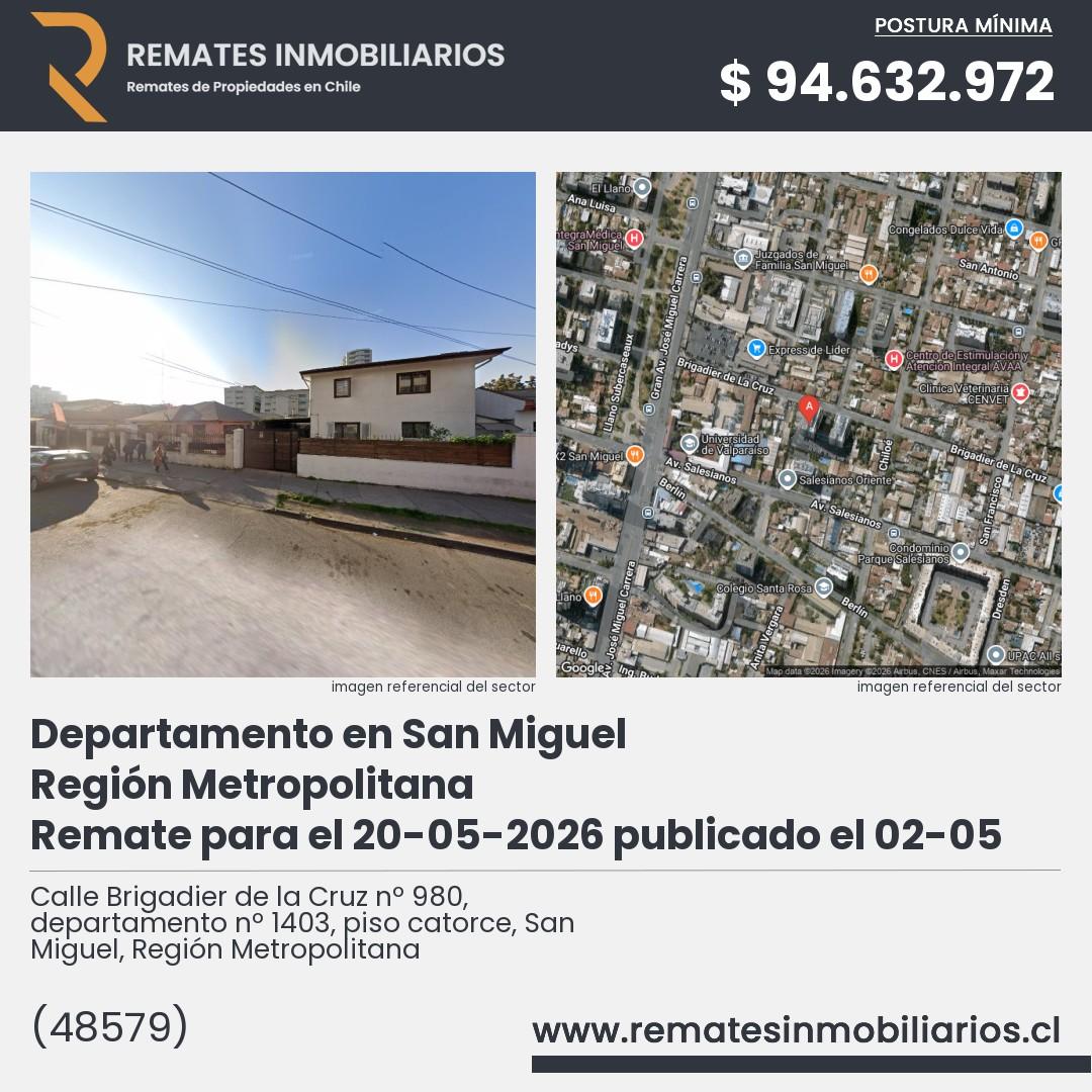 Imagen ficha Calle Brigadier de la Cruz nº 980, departamento nº 1403, piso catorce, San Miguel, Región Metropolitana