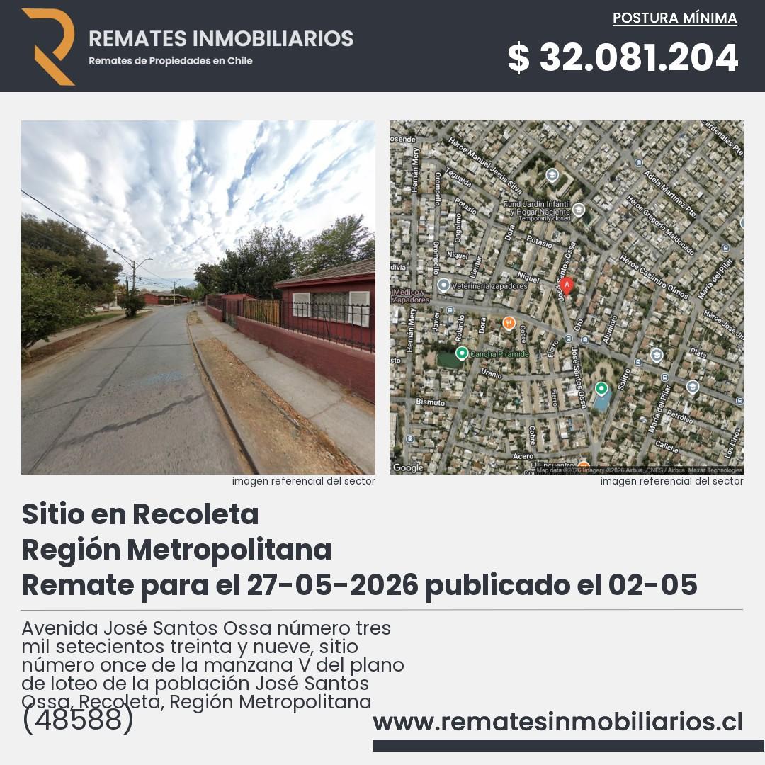Imagen ficha Avenida José Santos Ossa número tres mil setecientos treinta y nueve, sitio número once de la manzana V del plano de loteo de la población José Santos Ossa, Recoleta, Región Metropolitana