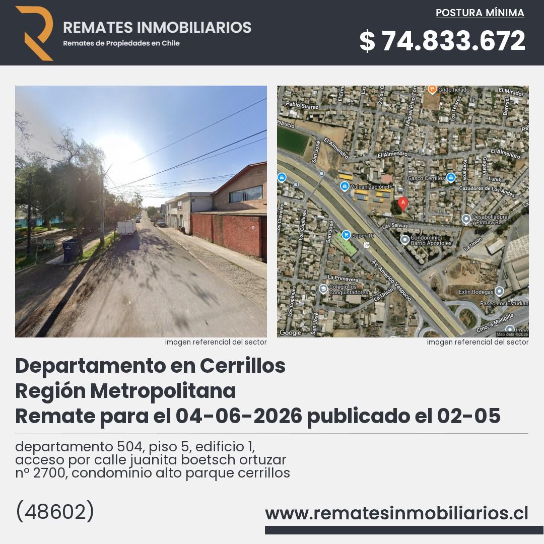 Imagen ficha departamento 504, piso 5, edificio 1, acceso por calle juanita boetsch ortuzar nº 2700, condominio alto parque cerrillos