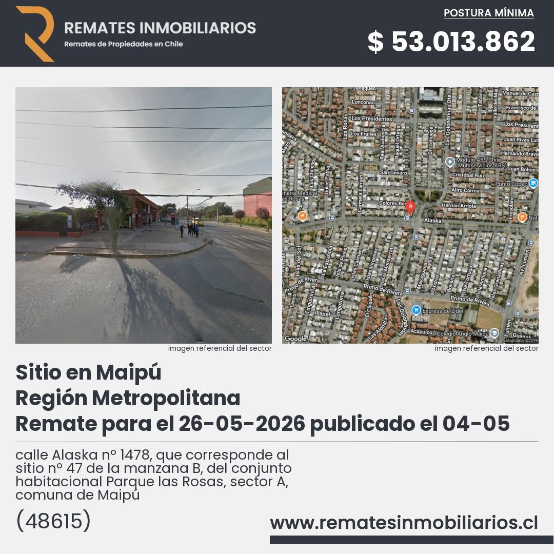 Imagen ficha calle Alaska nº 1478, que corresponde al sitio nº 47 de la manzana B, del conjunto habitacional Parque las Rosas, sector A, comuna de Maipú