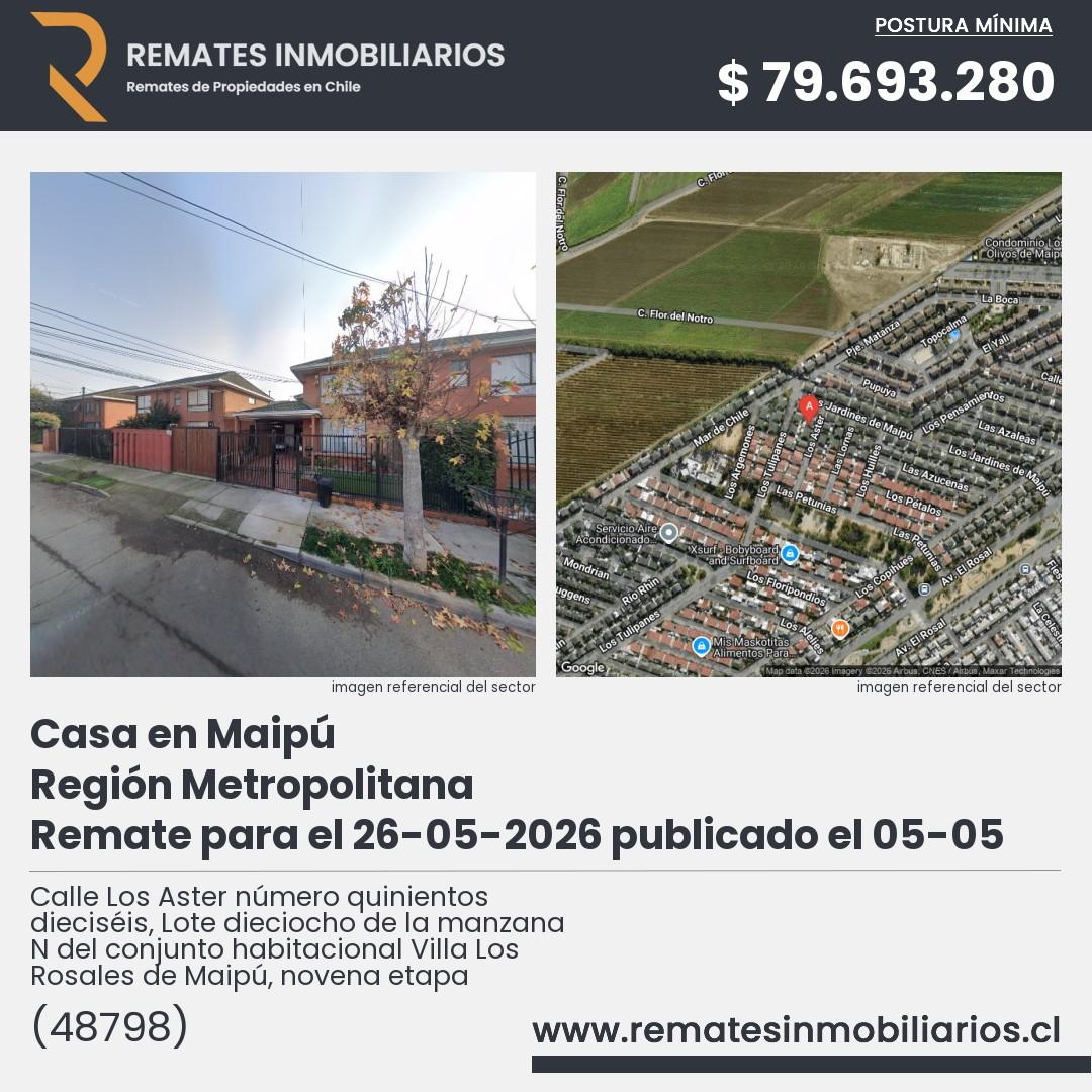 Imagen ficha Calle Los Aster número quinientos dieciséis, Lote dieciocho de la manzana N del conjunto habitacional Villa Los Rosales de Maipú, novena etapa