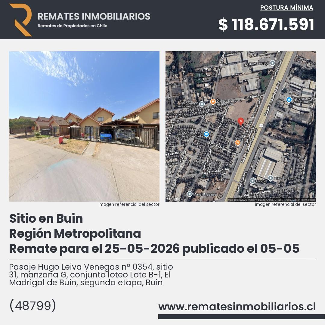 Imagen ficha Pasaje Hugo Leiva Venegas nº 0354, sitio 31, manzana G, conjunto loteo Lote B-1, El Madrigal de Buin, segunda etapa, Buin