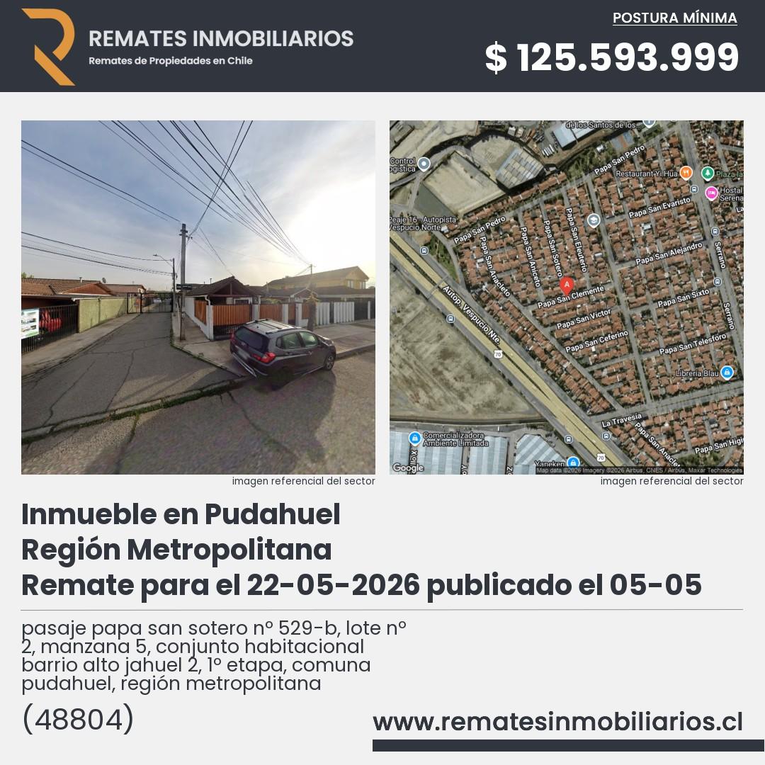 Imagen ficha pasaje papa san sotero nº 529-b, lote nº 2, manzana 5, conjunto habitacional barrio alto jahuel 2, 1º etapa, comuna pudahuel, región metropolitana
